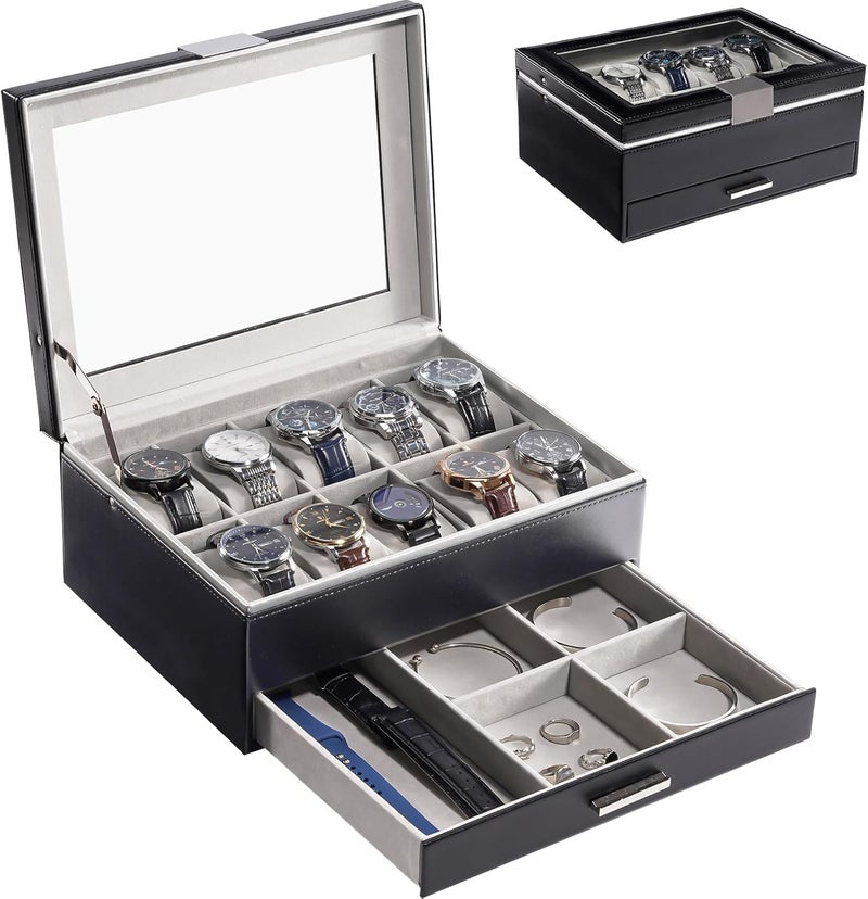 Procase Watch Case for Women, 10 Slot Watch Display Case with Drawer, 2-Layer Womens Watch Box, 10 Watch Box Organizer, Jewelry and Watch Holder Storage Case With Glass Lid -Black - Image 1